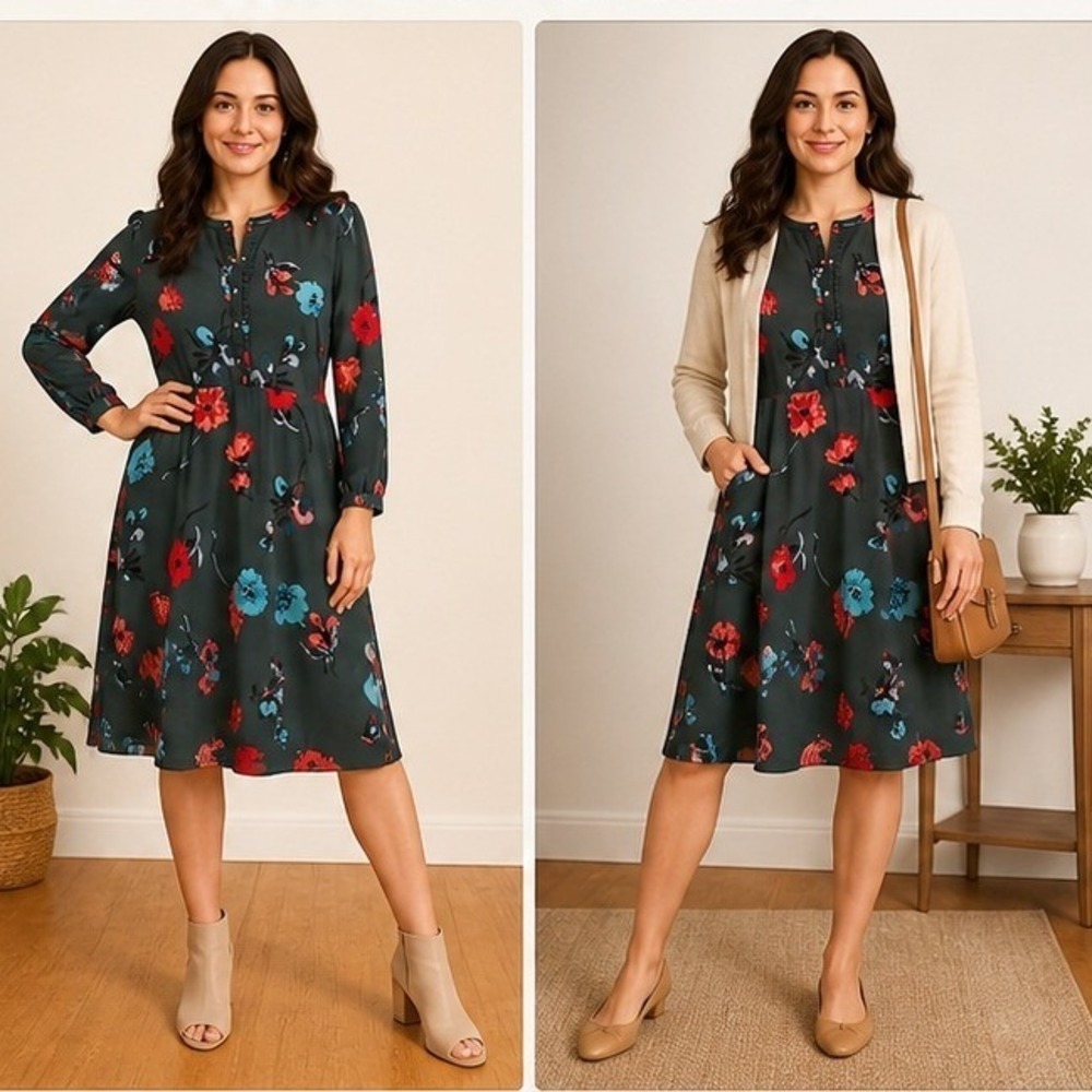 LOFT Floral Button Front Midi Dress Sz 14 Green Work Spring Ruffle Long Sleeve